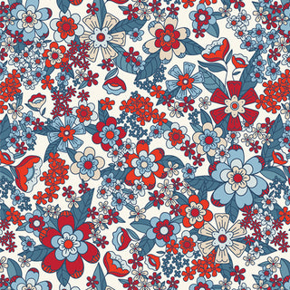 AGF Studio Bloomin' Americana BAM-47106 STAY GROOVY by 69-Art Gallery Fabrics features a dense pattern of red, blue, and white vintage florals and leaves on a light background—ideal for quilting cotton or summer fabric projects.