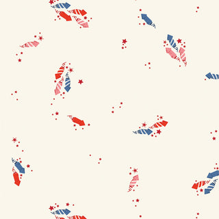 The AGF Studio Bloomin' Americana BAM-47108 CHASING FREEDOM by Art Gallery Fabrics features a cream background with red, blue, and pink striped shapes and small red stars—ideal for quilting cotton or summer fabric projects.