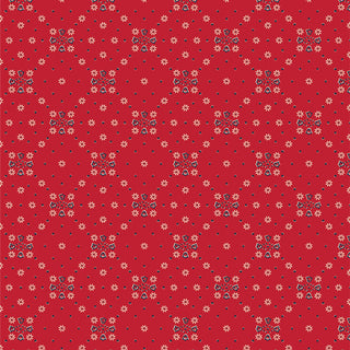 AGF Studio Bloomin' Americana BAM-47109 TRUE SPIRIT by 69-Art Gallery Fabrics features a red background with cream, blue, and black geometric floral motifs—ideal for summer fabrics or vintage-inspired quilting cotton projects.