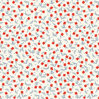 AGF Studio Bloomin' Americana BAM-47110 GLORY HEIRLOOM by Art Gallery Fabrics features small red flowers with blue stems on off-white, ideal for quilting projects with vintage red, white, and blue charm.