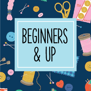 Beginners & Up Sewing Workshop" by 1000-Education appears on a blue background with sewing supplies, ideal for those seeking lessons or a sewing tutor.