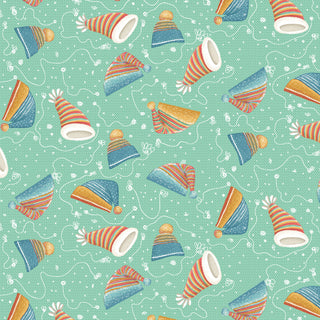 Nidhi Wadhwa for Blank Quilting Snowmates TOSSED HATS 4912 66 BQI4912-66 fabric featuring a pattern of colorful striped winter hats on a teal arctic background with white scribbled lines.