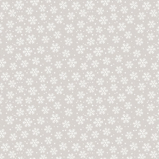 White snowflakes and small dots on a light gray Nidhi Wadhwa for Blank Quilting Snowmates SNOWFLAKES 4917 19 BQI4917-19 fabric background.