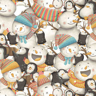 Pattern of cheerful snowmates wearing colorful striped hats and scarves, surrounded by small penguins on Nidhi Wadhwa for Blank Quilting Snowmates PACKED CHARACTERS 4920 13 BQI4920-13 winter fabric.