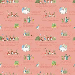 The Tale of Peter Rabbit-Coral Text - C14701-CT from 56-Riley Blake showcases a charming repeating pattern on a pink background with illustrations of rabbits, birds, and garden scenes. Adorned with the text "Once upon a time" and other excerpts from Beatrix Potter's stories, this fabric beautifully captures the timeless appeal of vintage coral quilting.