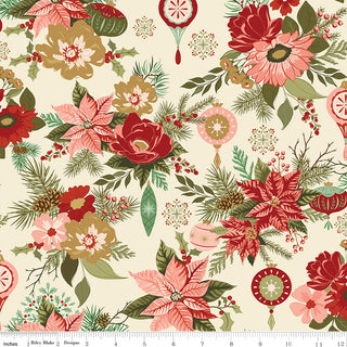 The Glisten by Sandy Gervais C16220-EGGNOG GLISTEN MAIN EGGNOG fabric from 56-Riley Blake features a floral holiday pattern on cream, sold by the yard, 43/44" wide with a ruler along the edge.