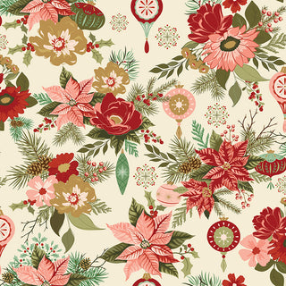 Glisten by Sandy Gervais for 56-Riley Blake: Cream cotton fabric (43/44") with red, pink, and gold flowers, green foliage, pine branches, and ornaments. Sold by the yard. C16220-EGGNOG GLISTEN MAIN EGGNOG Fabric Yardage.