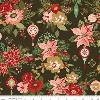 Glisten by Sandy Gervais for Riley Blake features a red, pink, and cream floral pattern with green leaves, pine branches, and ornaments on dark brown cotton. Sold by the yard (43/44" wide), with a ruler shown for scale.