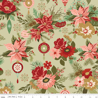 Glisten by Sandy Gervais for 56-Riley Blake (C16220-OLIVE), a light beige cotton fabric with red, pink, and cream floral pattern, green leaves, pine branches, berries, ornaments; 43/44" wide; sold by the yard; ruler shown at bottom.