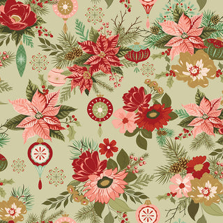 Glisten by Sandy Gervais (C16220-OLIVE), from 56-Riley Blake, features a floral print with red, pink, and cream flowers, green leaves, pine needles, and berries on light green cotton. Sold by the yard; 43/44" wide.