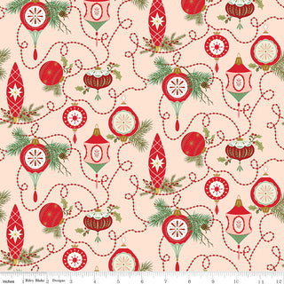 Glisten by Sandy Gervais C16221-BLUSH GLISTEN BULBS BLUSH for 56-Riley Blake: cotton fabric with red/green vintage ornaments, pine branches, dotted garlands on beige; 43/44" wide. Sold by the yard, inch ruler shown.