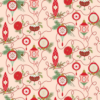 Glisten by Sandy Gervais C16221-BLUSH GLISTEN BULBS BLUSH Fabric Yardage by 56-Riley Blake features a seamless print of vintage red and green Christmas ornaments, pine branches, and beads on blush cotton, sold by the yard in 43/44" width.
