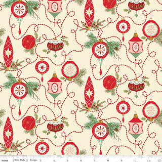 Glisten by Sandy Gervais C16221-EGGNOG GLISTEN BULBS EGGNOG Fabric for 56-Riley Blake features red and green vintage Christmas ornaments, pine branches, and bead garlands on cream. Sold by the yard, 43/44" wide, with a ruler along the bottom edge.