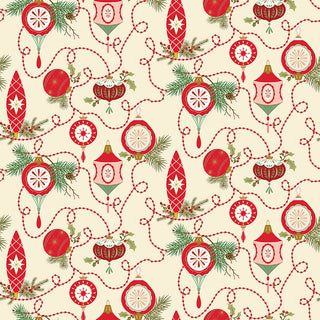 Glisten by Sandy Gervais C16221-EGGNOG GLISTEN BULBS EGGNOG Fabric Yardage by 56-Riley Blake features red and green Christmas ornaments, pine branches, and red beads on a cream 43/44" cotton fabric, sold per yard.