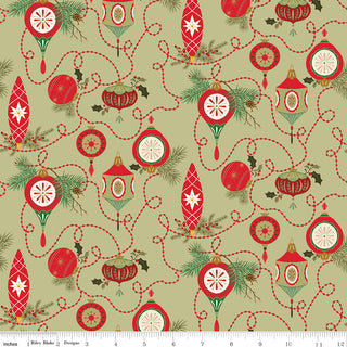 Glisten by Sandy Gervais C16221-OLIVE GLISTEN BULBS OLIVE from 56-Riley Blake features a seamless pattern of red and green ornaments, pine branches, and dotted garlands on beige cotton, 43/44" wide. Sold by the yard with ruler for scale.