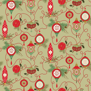 The Glisten by Sandy Gervais C16221-OLIVE GLISTEN BULBS OLIVE cotton fabric from 56-Riley Blake features vintage ornaments, pine branches, and red bead garlands, 43/44" wide, sold by the yard.