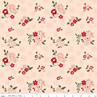 Glisten by Sandy Gervais C16222-BLUSH GLISTEN WINTER FLOWERS BLUSH by 56-Riley Blake features a seamless pattern of red and pink flowers with green leaves and holly on light beige cotton, 43/44" wide, with a 1-yard increment measuring scale along the bottom.