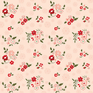 Glisten by Sandy Gervais C16222-BLUSH from 56-Riley Blake features a seamless pattern of red and pink flowers, green leaves, and snowflakes on light beige cotton. Sold by the yard, 43/44" wide.