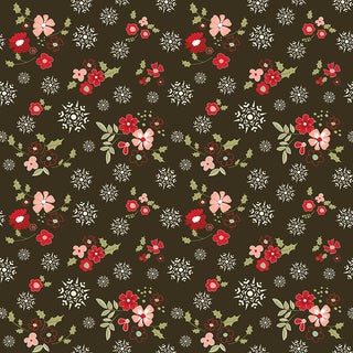 Glisten by Sandy Gervais C16222-MOCHA for 56-Riley Blake features red and pink flowers, green leaves, and white snowflakes on dark brown cotton, 43/44" wide. Sold by the yard.