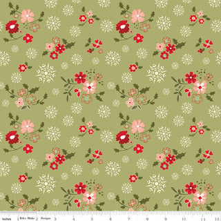 Glisten by Sandy Gervais C16222-OLIVE from 56-Riley Blake features scattered red and pink flowers, white snowflakes, and green holly on olive; 43/44" wide with a bottom measurement grid, sold by the yard.