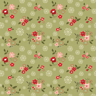 Glisten by Sandy Gervais C16222-OLIVE for 56-Riley Blake features red and pink flowers, green leaves, and white snowflakes on olive cotton fabric. Available by the yard.
