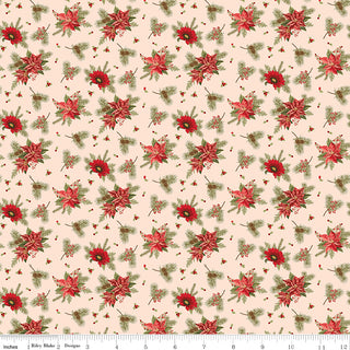 Glisten by Sandy Gervais C16223-BLUSH GLISTEN FLORAL BLUSH fabric for Riley Blake features red poinsettias, green pine needles, and berries on light beige. 43/44" wide, sold by the yard in 1-yard increments. Shown with ruler for scale.