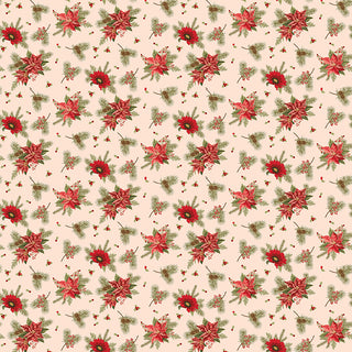 Glisten by Sandy Gervais C16223-BLUSH GLISTEN FLORAL BLUSH cotton fabric by 56-Riley Blake, features red poinsettias, green pine branches, and red berries on beige; 43/44" wide, sold by the yard.