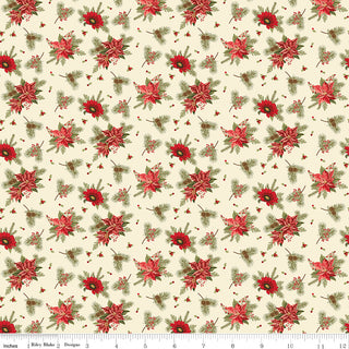 Glisten by Sandy Gervais C16223-EGGNOG GLISTEN FLORAL EGGNOG by 56-Riley Blake is a beige cotton quilting fabric with red poinsettias, holly berries, and green pine branches, shown with a ruler and sold in 1-yard increments.