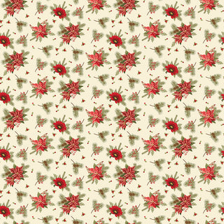 Glisten by Sandy Gervais C16223-EGGNOG GLISTEN FLORAL EGGNOG cotton fabric by 56-Riley Blake features red poinsettias, green pine branches, and red berries on cream—ideal for quilting; sold by the yard.