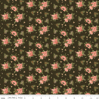 Glisten by Sandy Gervais C16223-MOCHA GLISTEN FLORAL MOCHA from 56-Riley Blake features pink poinsettia flowers, green leaves, and berries on dark brown 43/44" cotton fabric, sold by the yard with a scale ruler at the bottom.