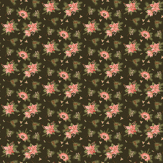 Glisten by Sandy Gervais C16223-MOCHA GLISTEN FLORAL MOCHA from 56-Riley Blake features pink poinsettias, green pine needles, and gold accents on dark 43/44" cotton fabric, sold by the yard.