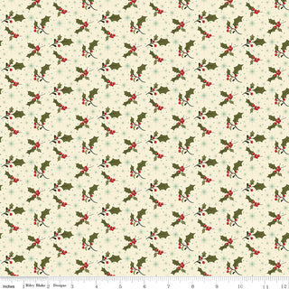 Glisten by Sandy Gervais for Riley Blake: C16224-EGGNOG GLISTEN HOLLY EGGNOG cotton fabric, cream 43/44" wide, features seamless green holly leaves, red berries, and light blue snowflakes; ruler in inches shown.