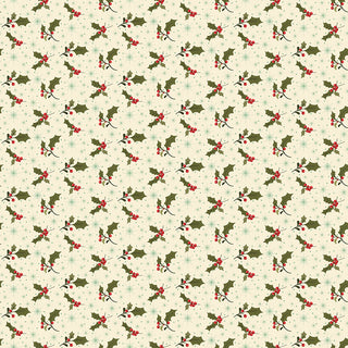 Glisten by Sandy Gervais C16224-EGGNOG GLISTEN HOLLY EGGNOG from 56-Riley Blake features green holly leaves, red berries, and blue snowflakes on cream 43/44" cotton, sold by the yard.