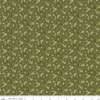 Glisten by Sandy Gervais C16224-GREEN GLISTEN HOLLY GREEN from 56-Riley Blake: olive green cotton fabric with small pink flowers, leaves, white star-like dots; 43/44" wide, sold by the yard. Ruler in photo shows inches.