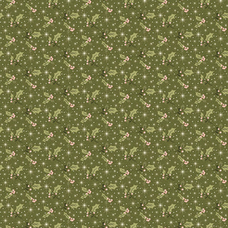 Glisten by Sandy Gervais C16224-GREEN GLISTEN HOLLY GREEN by 56-Riley Blake: 43/44" cotton fabric with small pink flowers, green leaves, and white star-like dots in a repeating pattern. Sold by the yard.