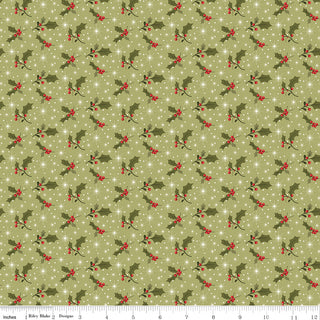 Glisten by Sandy Gervais C16224-OLIVE GLISTEN HOLLY OLIVE fabric from 56-Riley Blake features green 100% cotton with holly leaves, red berries, and white dots. Sold by the yard; shown with a measurement ruler at the bottom.