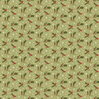The 56-Riley Blake Glisten by Sandy Gervais C16224-OLIVE fabric features holly leaves, red berries, and white snowflakes on green 100% cotton, available by the yard.