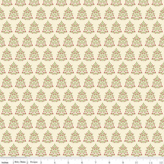 Glisten by Sandy Gervais C16225-EGGNOG GLISTEN TREES EGGNOG Fabric features a festive tree pattern with red and green accents on beige 100% cotton from 56-Riley Blake; ruler shows scale and 1-yard increments.
