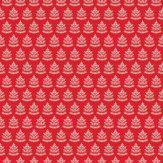 The Glisten by Sandy Gervais C16225-RED GLISTEN TREES RED fabric from 56-Riley Blake features white Christmas tree patterns on a red cotton background, measures 43/44" wide, and is sold in 1-yard increments.