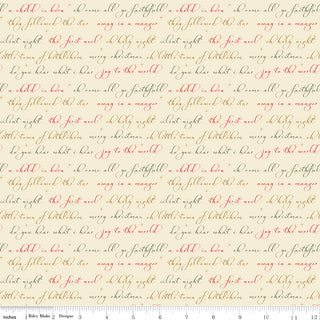 Glisten by Sandy Gervais for 56-Riley Blake—C16226-EGGNOG GLISTEN TEXT EGGNOG features red and gray Christmas phrases in cursive on cream 100% cotton. Ruler shown at bottom for scale. Sold by the yard.