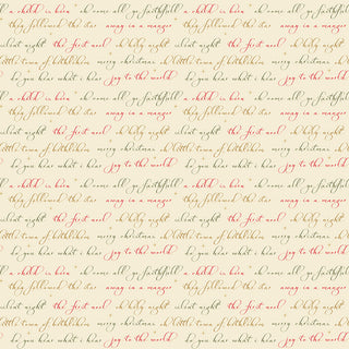 Glisten by Sandy Gervais C16226-EGGNOG fabric from 56-Riley Blake features red and gray handwritten Christmas carol lyrics on beige 100% cotton, sold by the yard.