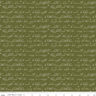 Glisten by Sandy Gervais C16226-GREEN GLISTEN TEXT GREEN fabric by 56-Riley Blake features olive green cotton with white handwritten song lyrics, a measurement ruler along the edge, is 43/44" wide, and sold in 1-yard increments.