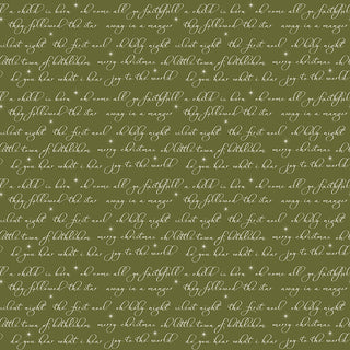 Glisten by Sandy Gervais C16226-GREEN GLISTEN TEXT GREEN Fabric Yardage by 56-Riley Blake: Olive green cotton, 43/44" wide, with white handwritten "O Come, All Ye Faithful" script. Sold per yard—ideal for festive projects and holiday décor.