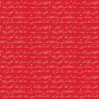 Glisten by Sandy Gervais C16226-RED for 56-Riley Blake: 43/44" cotton fabric with a red background, white cursive lyrics from "O Come, All Ye Faithful," and stars, sold by the yard.
