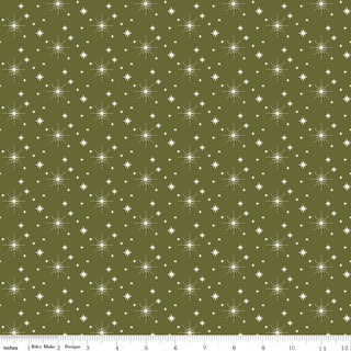 Glisten by Sandy Gervais C16227-GREEN GLISTEN STARS GREEN cotton fabric by 56-Riley Blake features a white retro starburst and dot pattern on olive green. Sold by the yard; 43/44" wide, ruler shows inches 0–12 along the bottom edge.