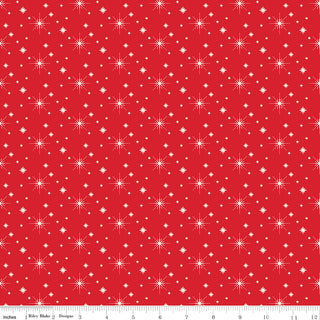 Glisten by Sandy Gervais C16227-RED GLISTEN STARS RED for 56-Riley Blake features red cotton fabric with small white starbursts. Measures 43/44" wide, sold by the yard, shown with a ruler from 0–12".
