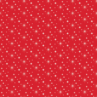 Glisten by Sandy Gervais C16227-RED GLISTEN STARS RED Fabric by 56-Riley Blake features a red background with evenly spaced white starbursts on 43/44" cotton, sold by the yard.
