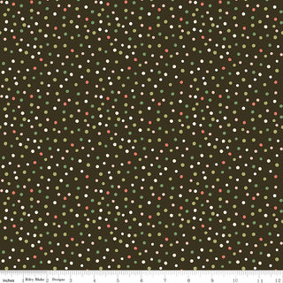 The Glisten by Sandy Gervais C16228-MOCHA GLISTEN DOTS MOCHA Fabric Yardage from 56-Riley Blake is a dark brown cotton with scattered white, green, and red dots. Each 1-yard cut is 43/44 inches wide; ruler in image shows inch measurements.