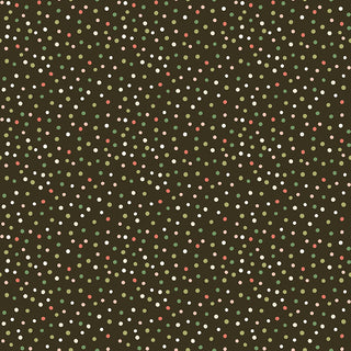 Glisten by Sandy Gervais C16228-MOCHA for 56-Riley Blake: 1 yard of cotton fabric, 43/44" wide, features a seamless pattern of small white, green, and red dots on dark brown.