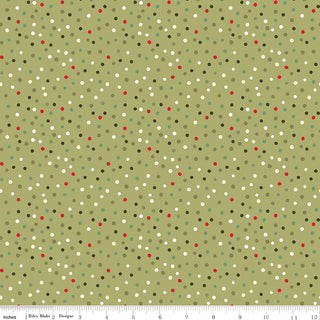 Glisten by Sandy Gervais (C16228-OLIVE) for 56-Riley Blake is a 43/44" cotton fabric with a light olive green background and polka dots in red, white, brown, and green, plus a ruler on the edge. Sold by the yard.